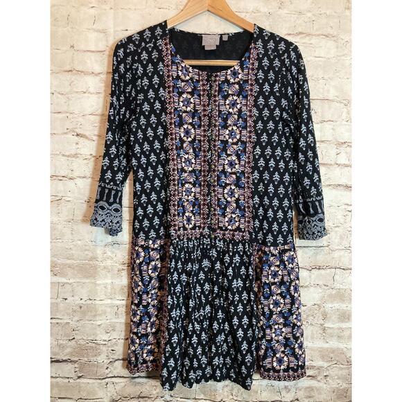 Vanessa Virginia Anthropologie Peasant Dress Womens Medium Black Full Embroidery - Picture 1 of 14